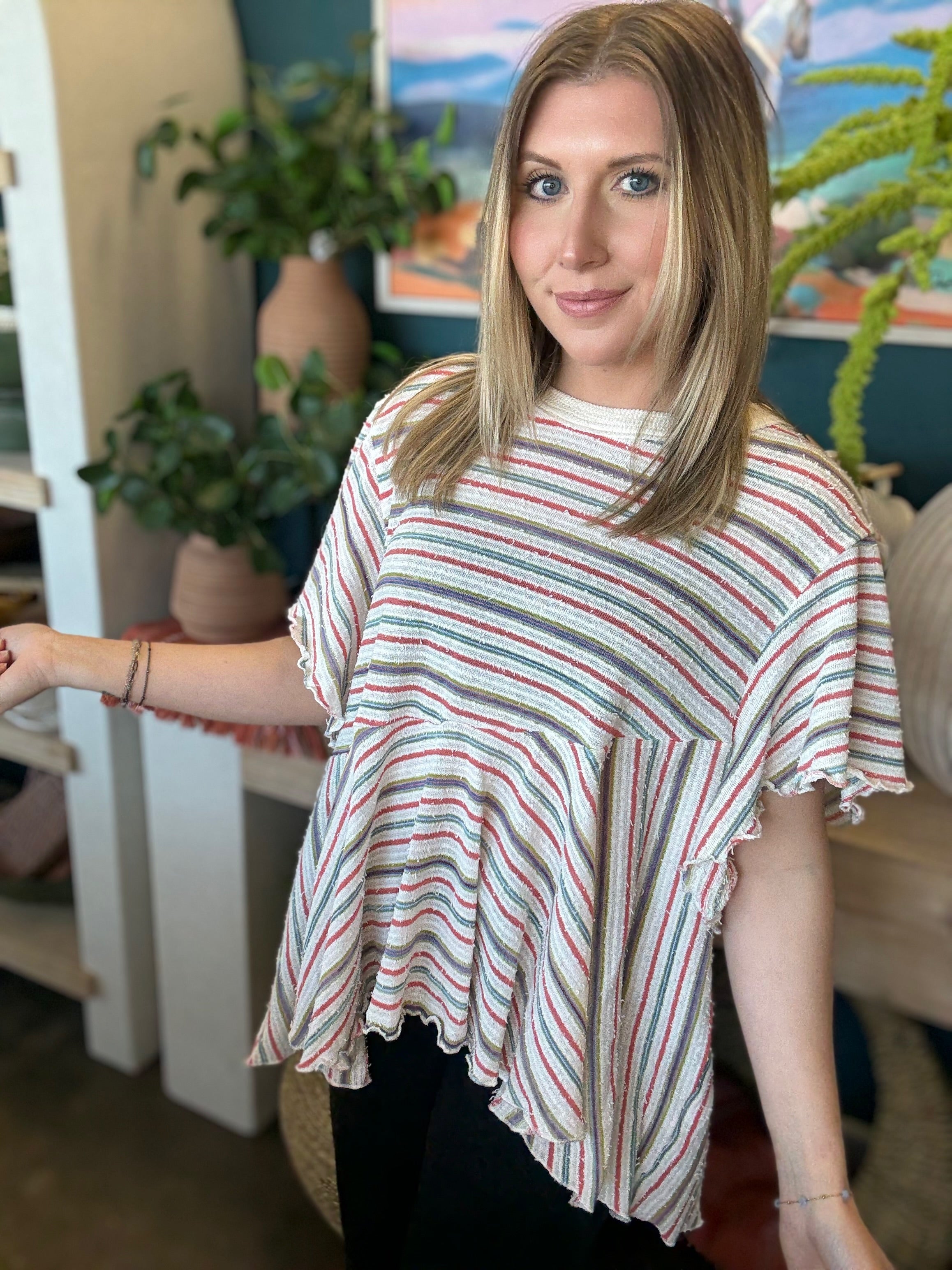 Ruffle Hem Stripe Babydoll Top