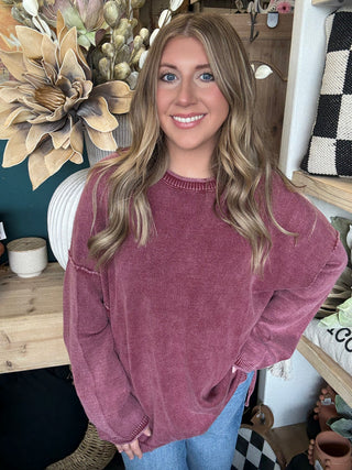VINTAGE WASHED BERRY PULLOVER WITH EXPOSED SEAMS