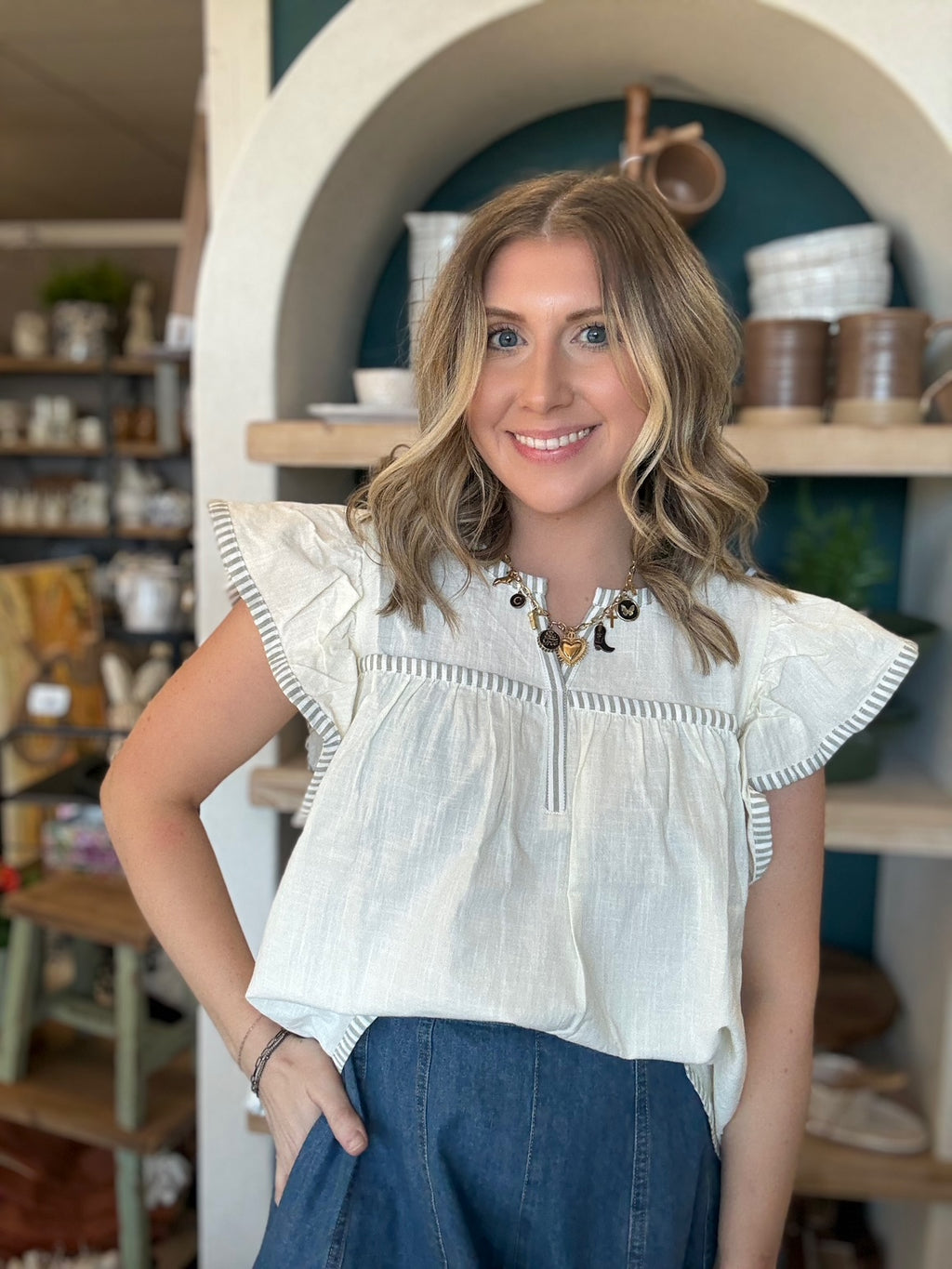 Ivory flutter sleeve boutique blouse with stripe trim for women