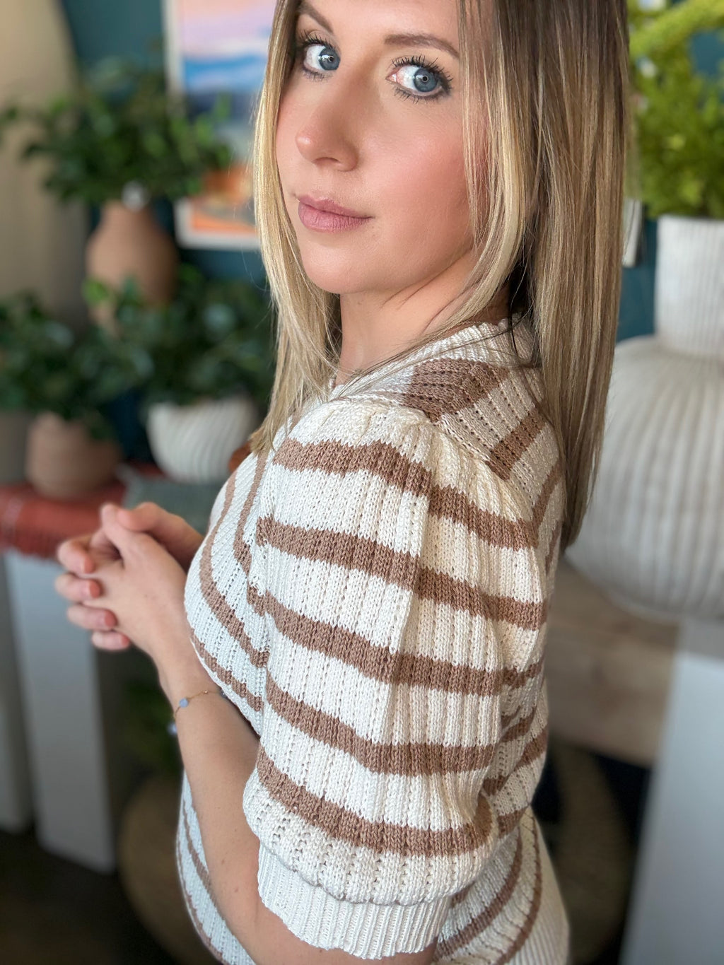 Soft Mocha Stripe Knit Puff Sleeve Top