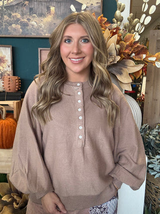 Taupe henley sweater top with button neckline and balloon sleeves