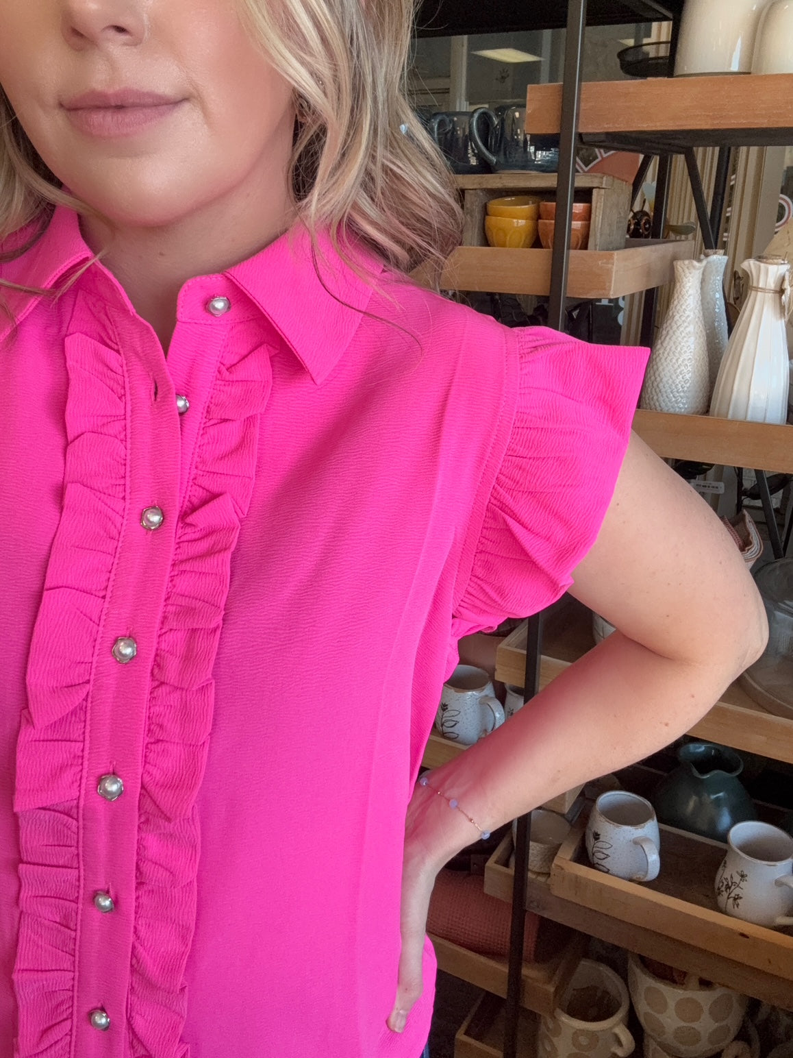 Hot pink ruffle sleeve boutique blouse with button front for women