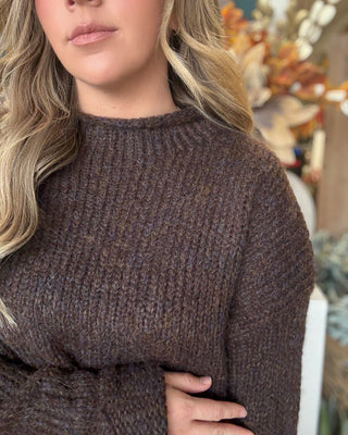 Chocolate brown textured knit cropped sweater with long sleeves