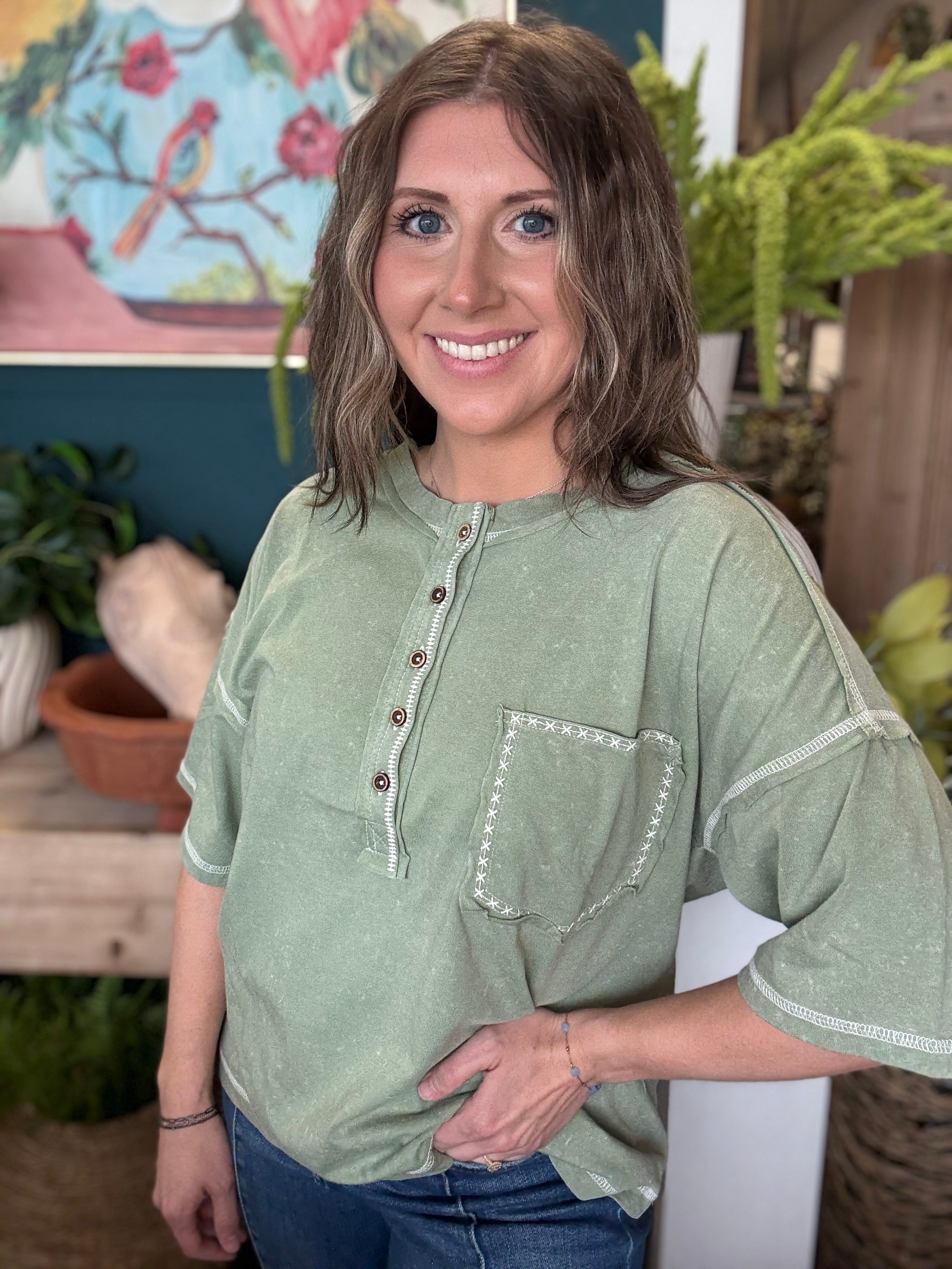 Mineral Washed Oversized Olive Top