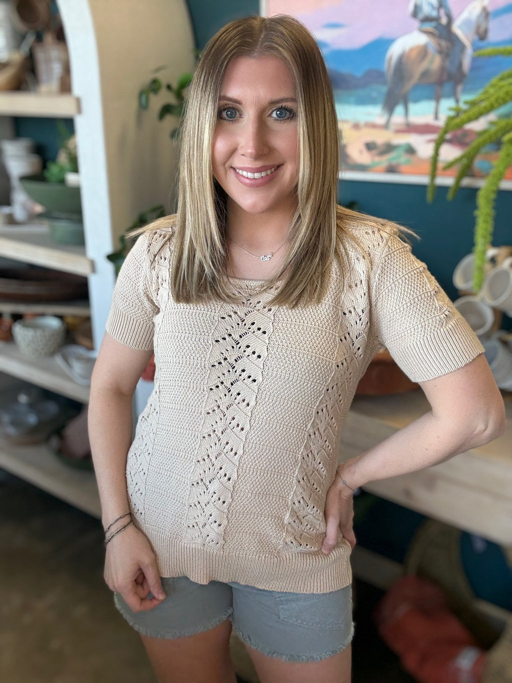 Soft Sand Pointelle Knit Top