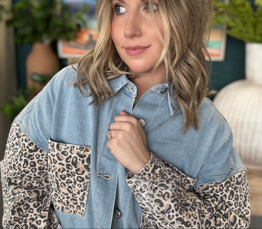 denim leopard pocket shacket women's boutique jacket at Pill Box Boutique