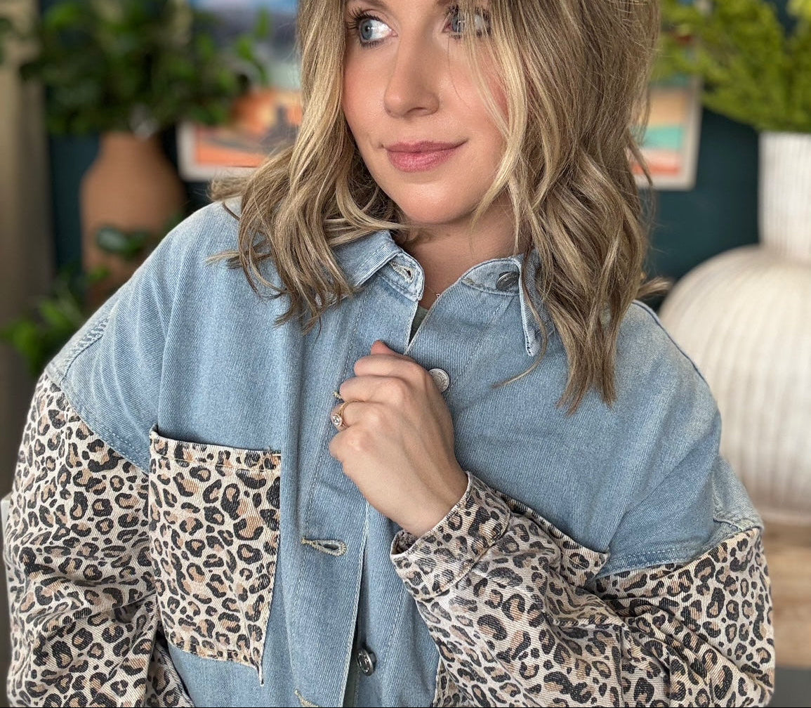 denim leopard pocket shacket women's boutique jacket at Pill Box Boutique