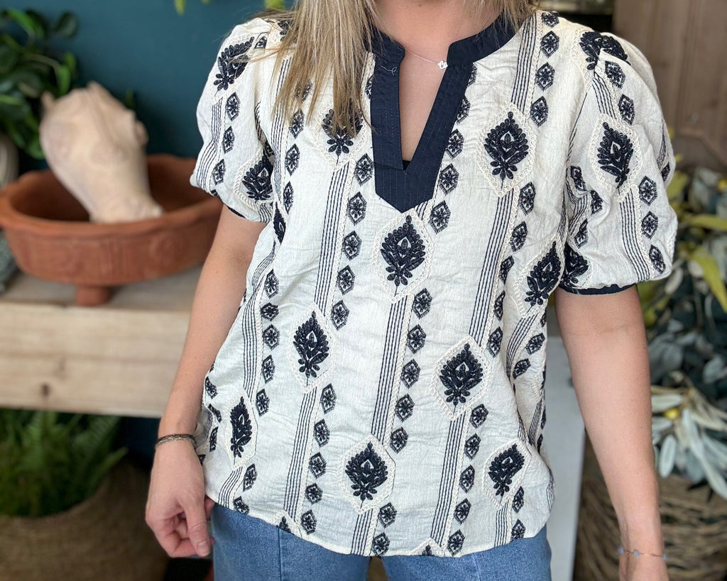 Navy Floral Embroidered Bubble Sleeve Top