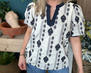 Navy Floral Embroidered Bubble Sleeve Top