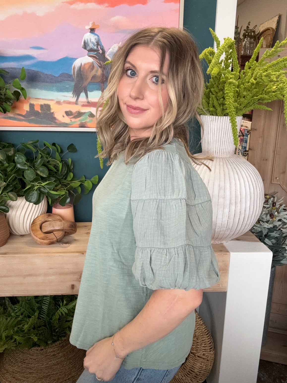 sage puff sleeve women's boutique top at Pill Box Boutique