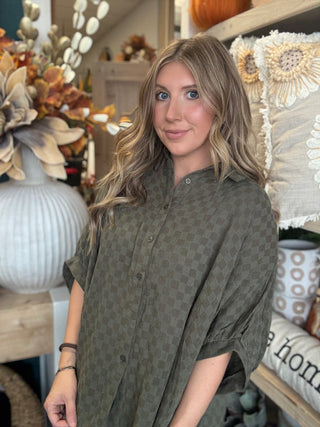 Olive checkerboard gauze oversized blouse with button front and rolled sleeves