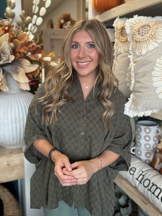 Olive checkerboard gauze oversized blouse with button front and rolled sleeves