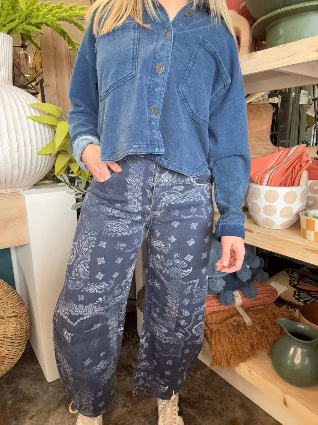 Midnight Paisley Printed Barrel Jeans