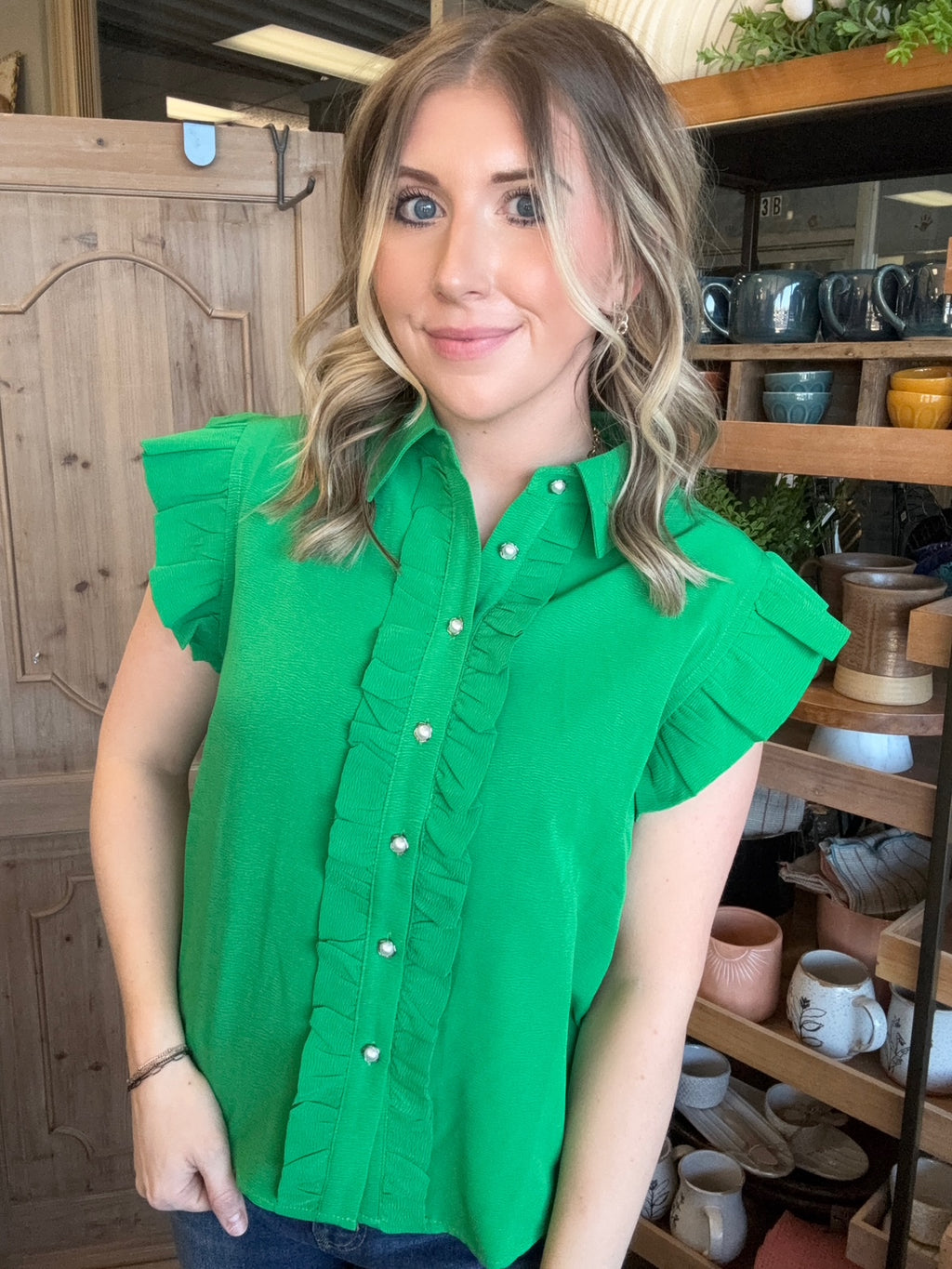Emerald green ruffle sleeve button front boutique blouse for women