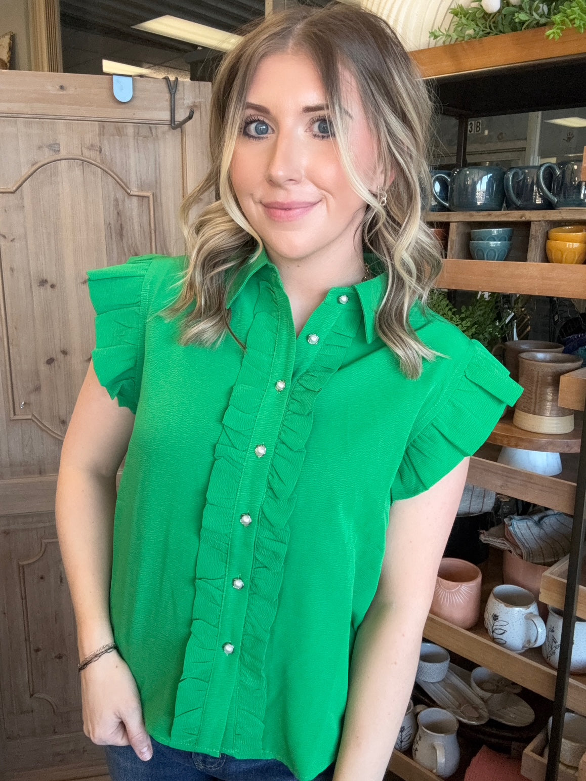 Emerald green ruffle sleeve button front boutique blouse for women