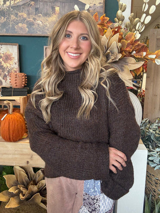 Chocolate brown textured knit cropped sweater with long sleeves