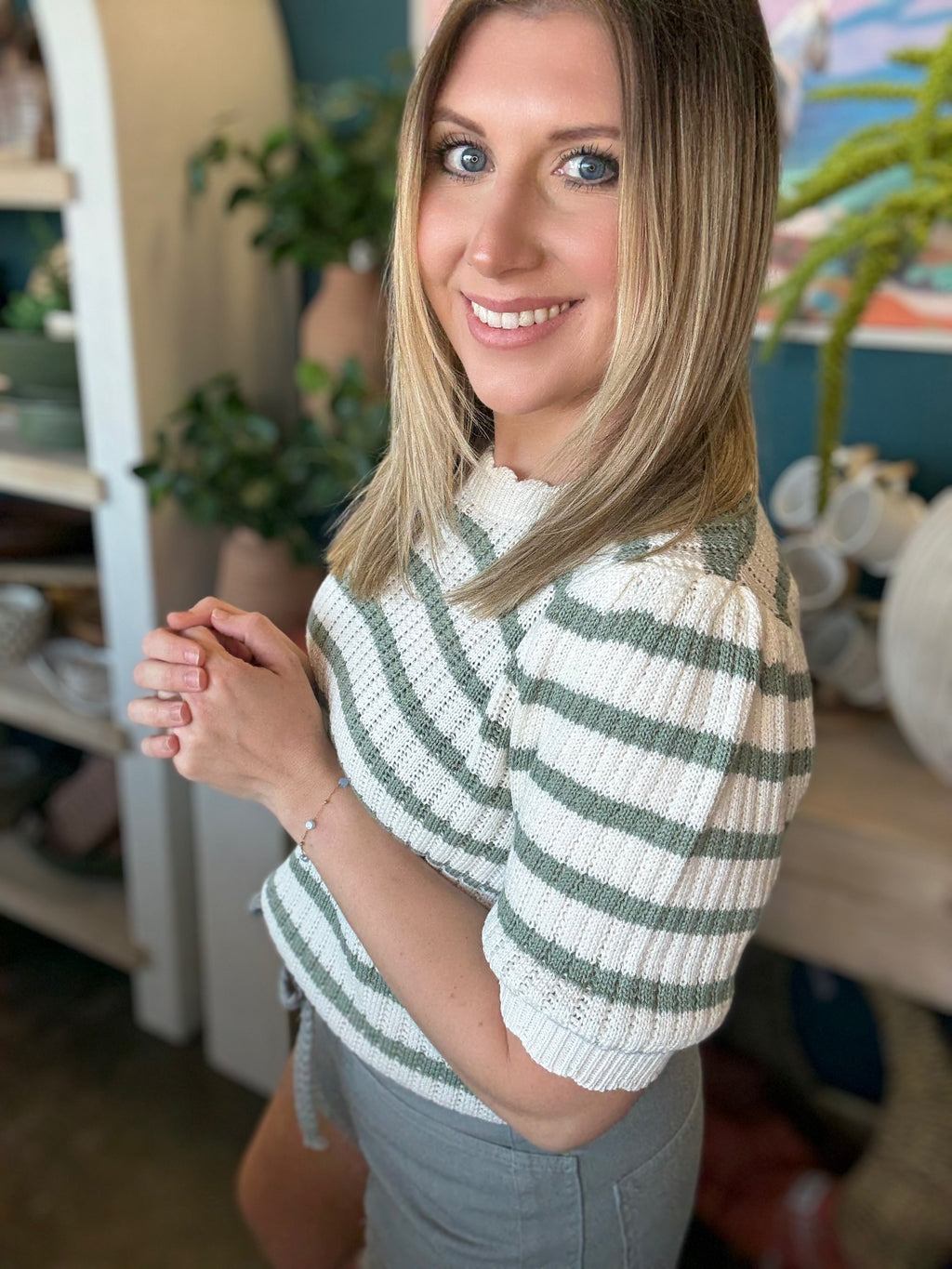Sage Green Stripe Knit Puff Sleeve Top