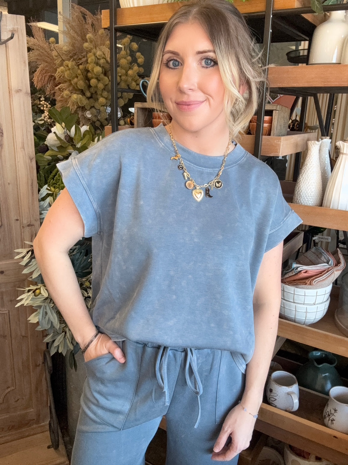 Vintage washed blue casual lounge top for women