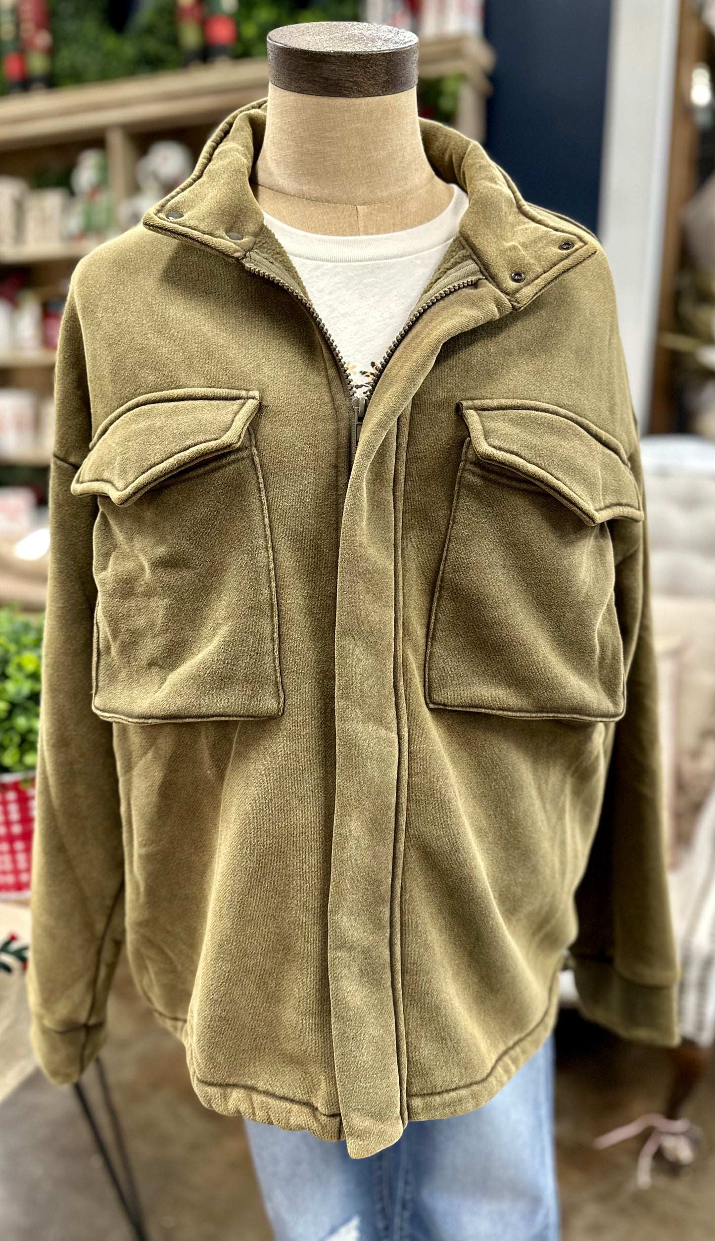 Mineral Washed Zip Up - Olive