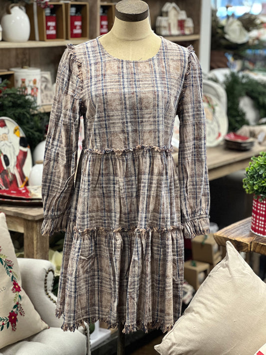 Washed Frayed Plaid Dress - Brown