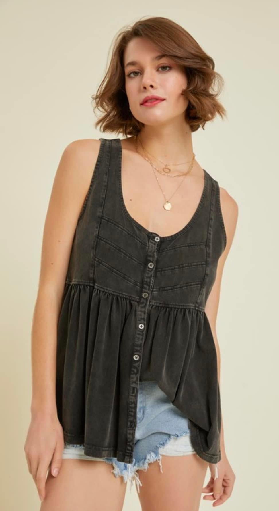 Black Washed Button Down Top