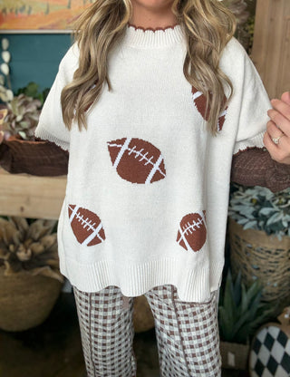 IVORY TAILGATE SWEATER WITH BROWN FOOTBALL PRINT