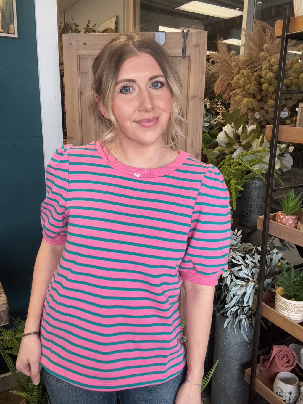 Pink and teal striped puff sleeve boutique top for women