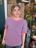 Pink and teal striped puff sleeve boutique top for women