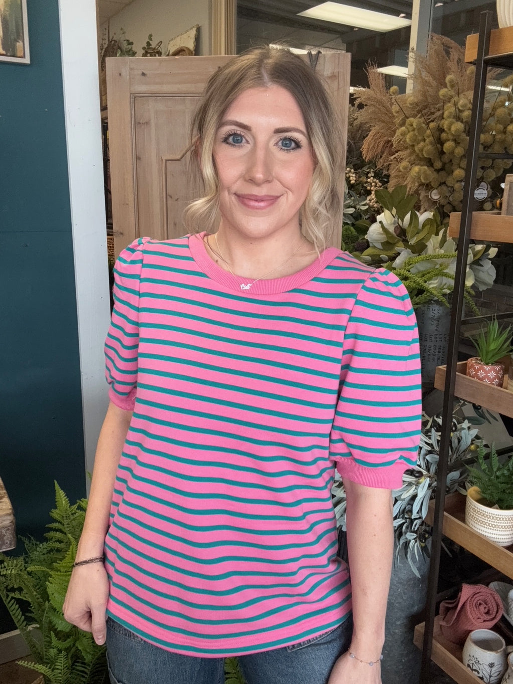 Pink and teal striped puff sleeve boutique top for women