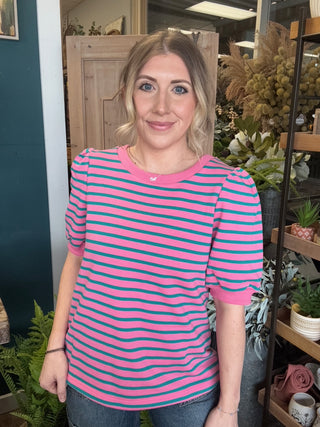 Pink and teal striped puff sleeve boutique top for women