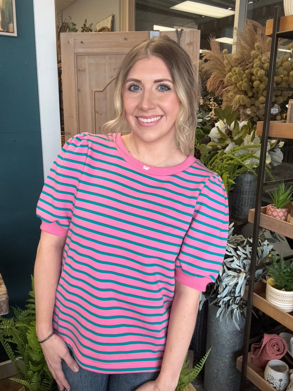 Pink and teal striped puff sleeve boutique top for women