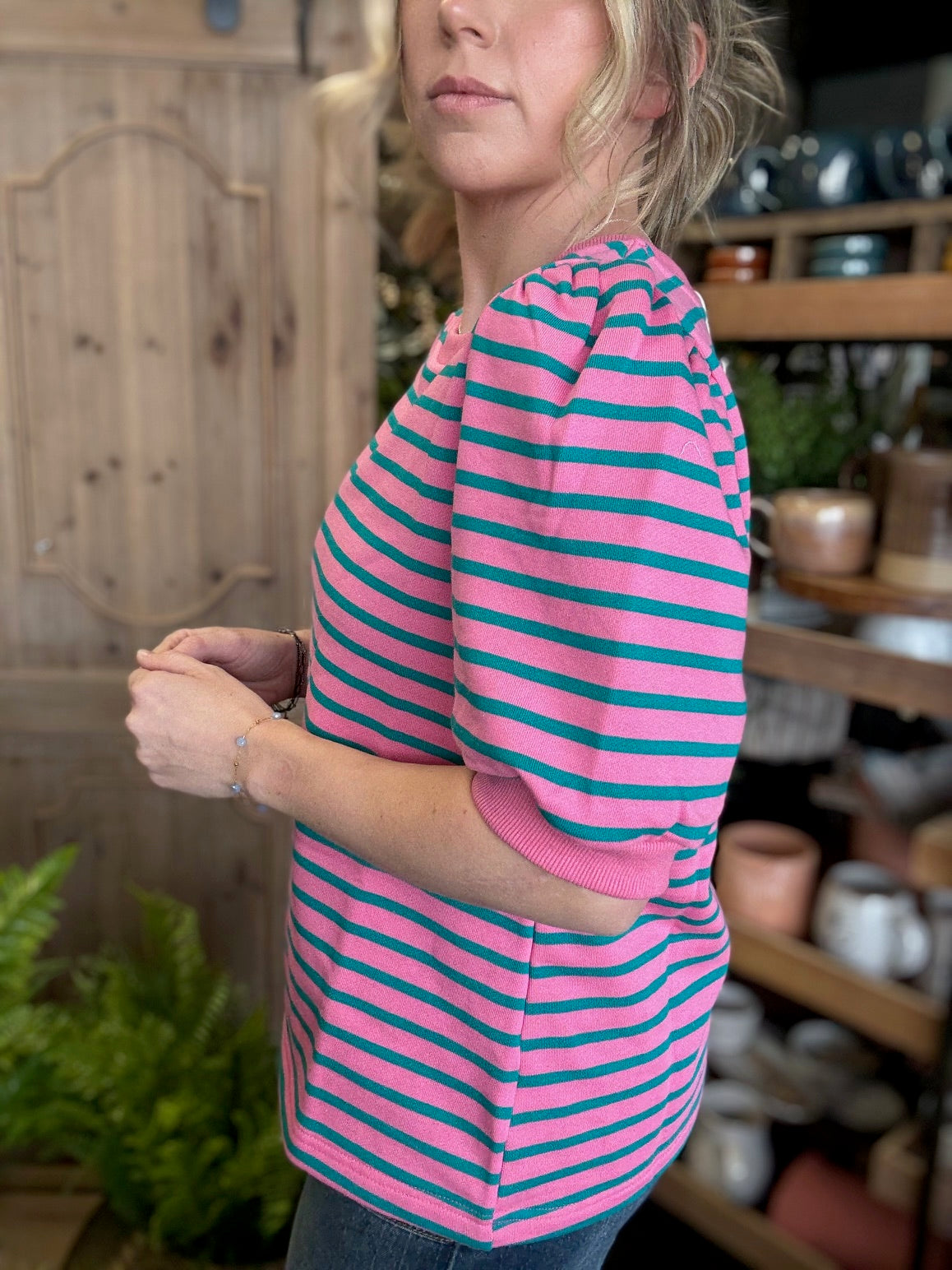 Pink and teal striped puff sleeve boutique top for women