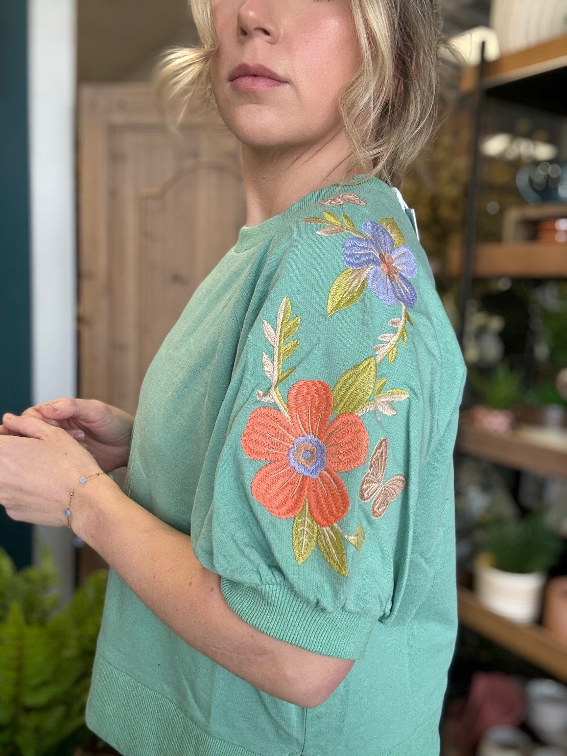 Mint green embroidered floral puff sleeve boutique top for women