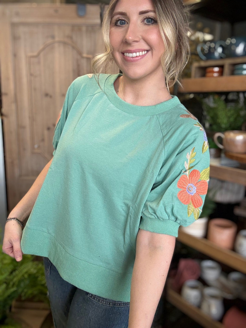 Mint green embroidered floral puff sleeve boutique top for women