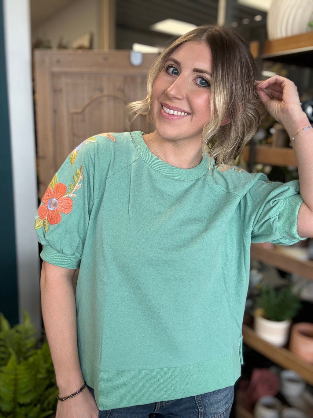 Mint green embroidered floral puff sleeve boutique top for women