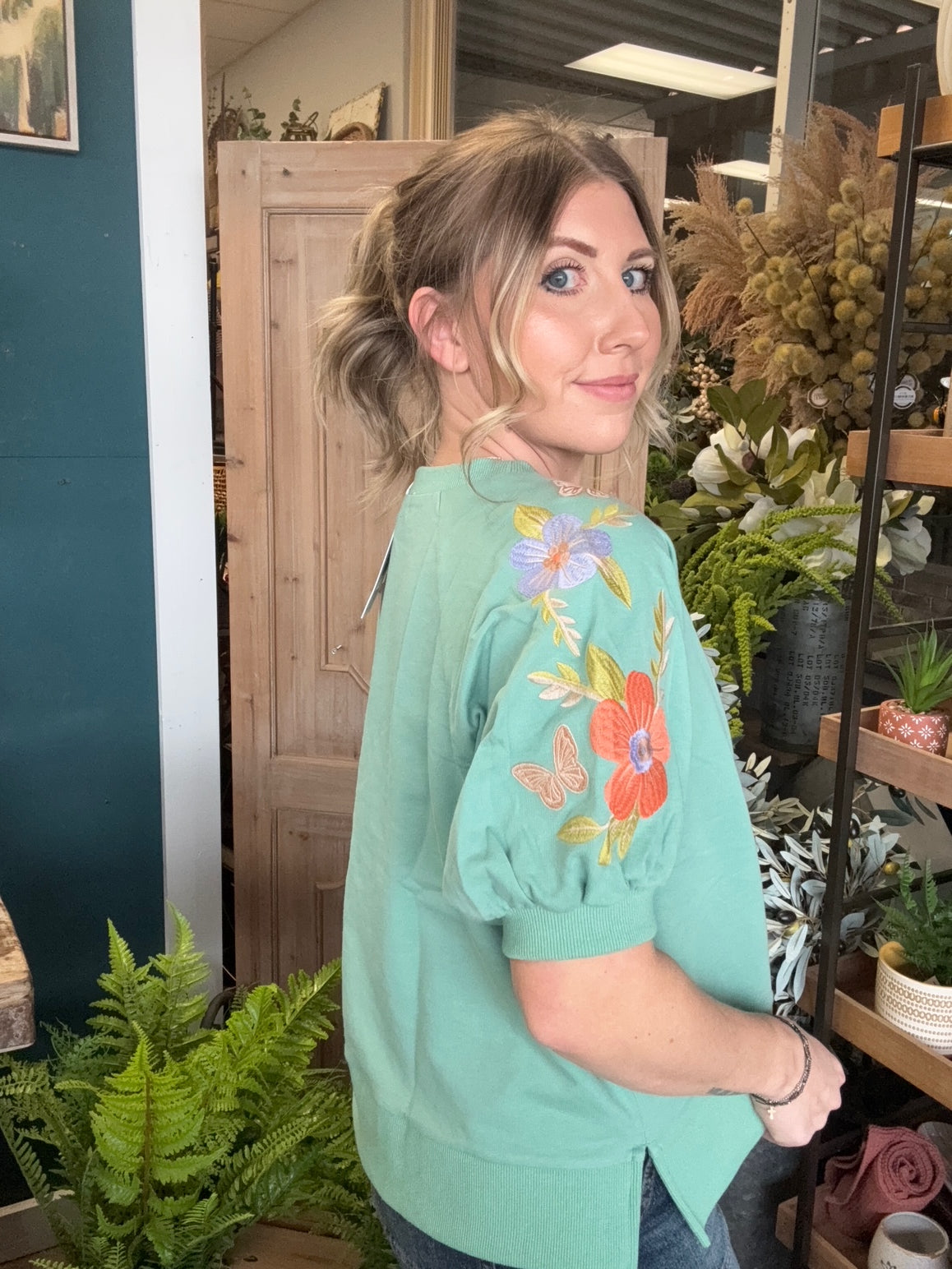Mint green embroidered floral puff sleeve boutique top for women