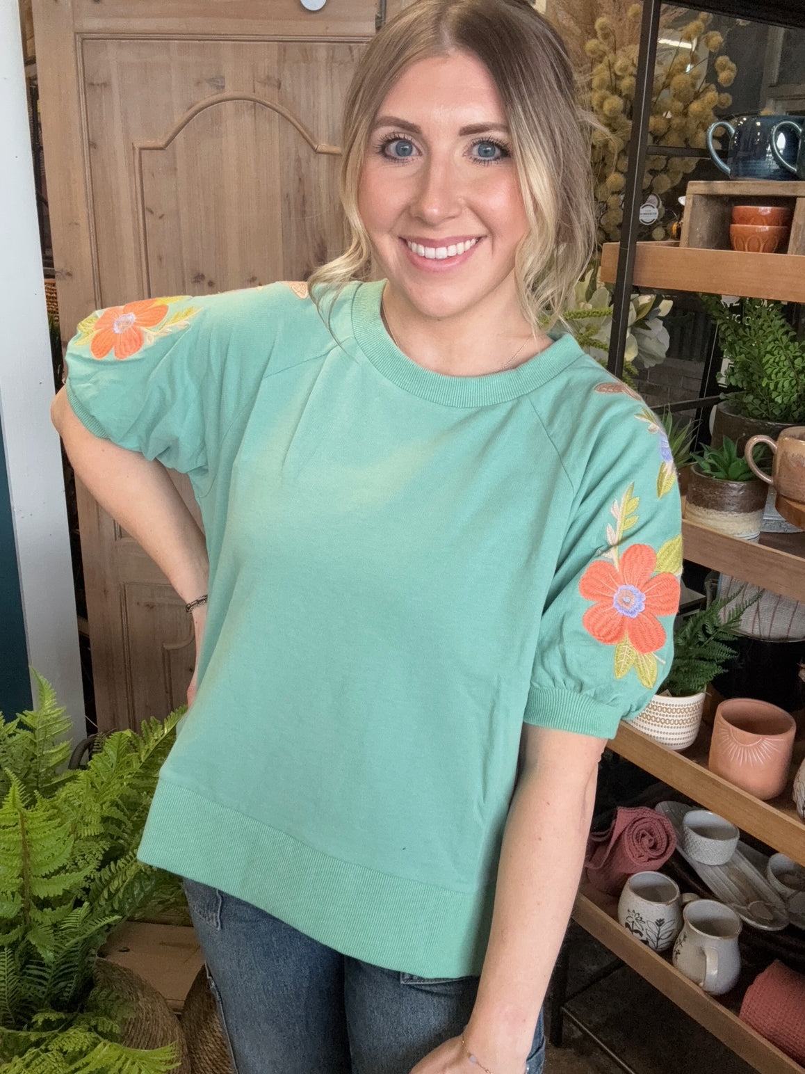 Mint green embroidered floral puff sleeve boutique top for women