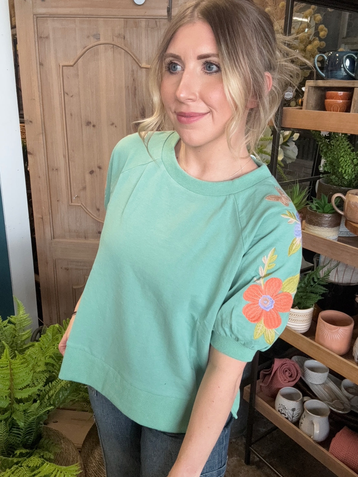 Mint green embroidered floral puff sleeve boutique top for women