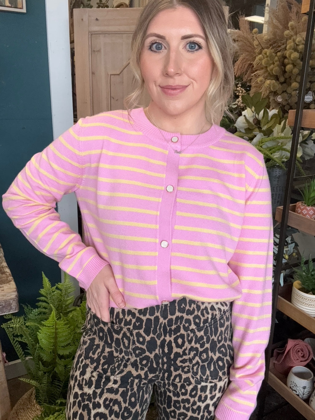 Pink and yellow striped button front boutique cardigan for women