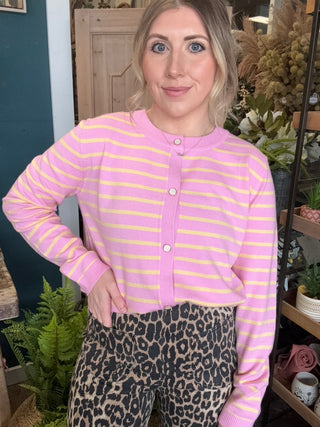 Pink and yellow striped button front boutique cardigan for women