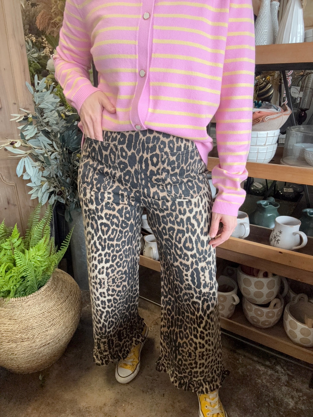 Leopard print wide leg boutique pants for women