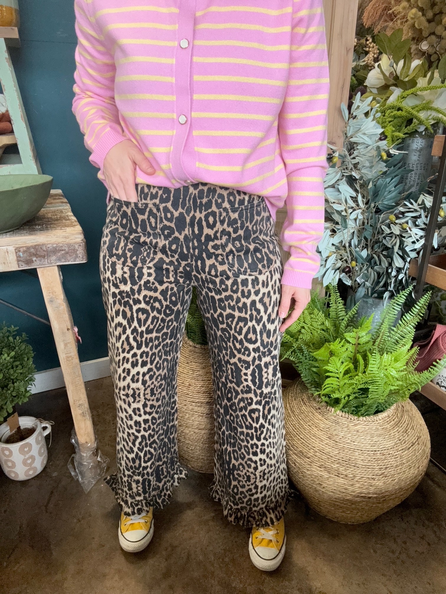 Leopard print wide leg boutique pants for women