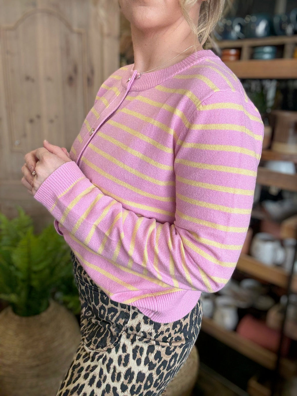 Pink and yellow striped button front boutique cardigan for women