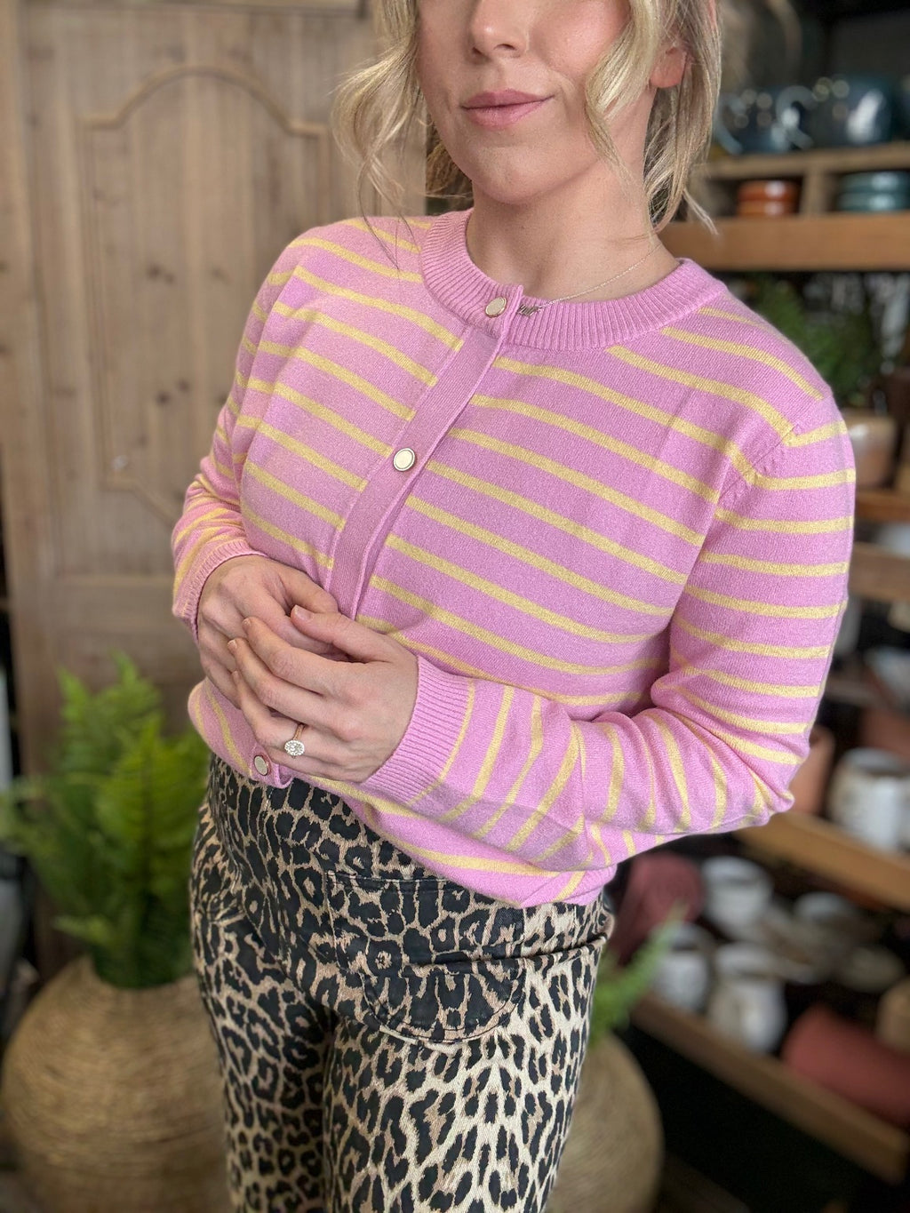 Pink and yellow striped button front boutique cardigan for women