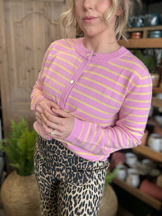 Pink and yellow striped button front boutique cardigan for women