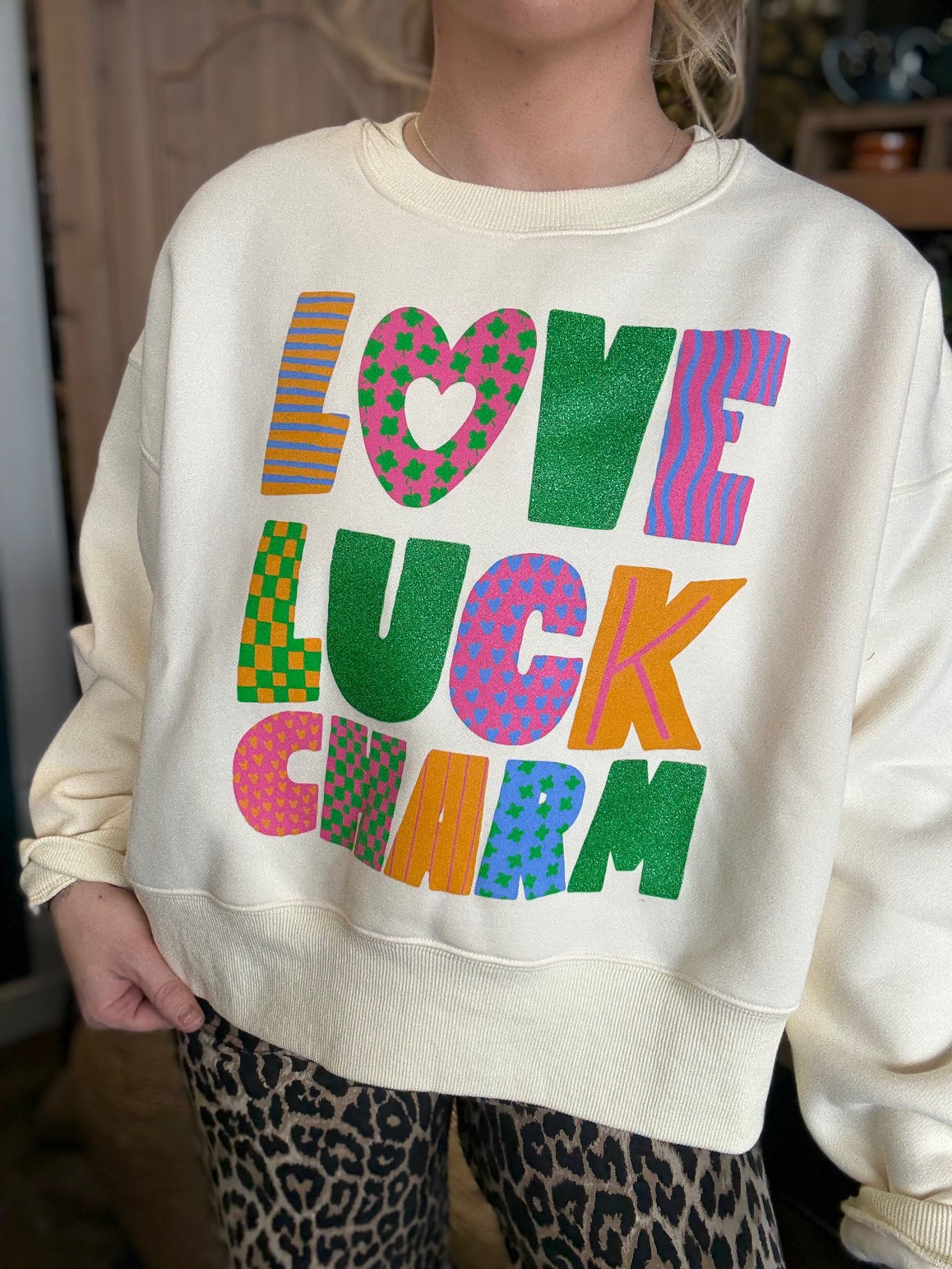 Love Luck Charm colorful graphic boutique sweatshirt for women