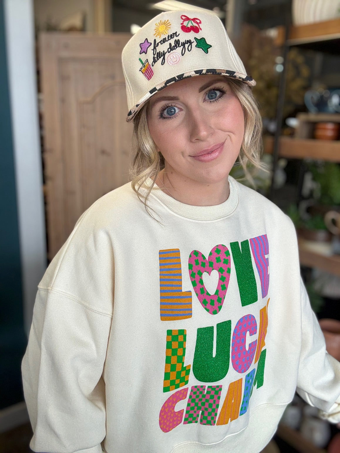 Love Luck Charm colorful graphic boutique sweatshirt for women