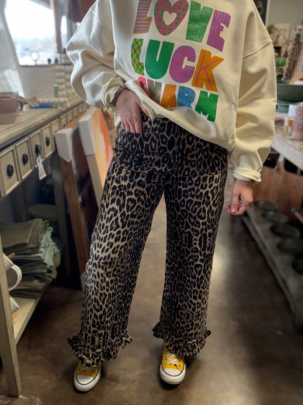 Leopard print wide leg boutique pants for women