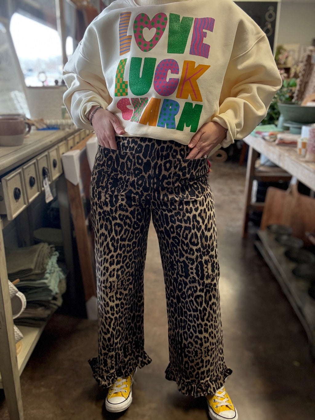 Leopard print wide leg boutique pants for women