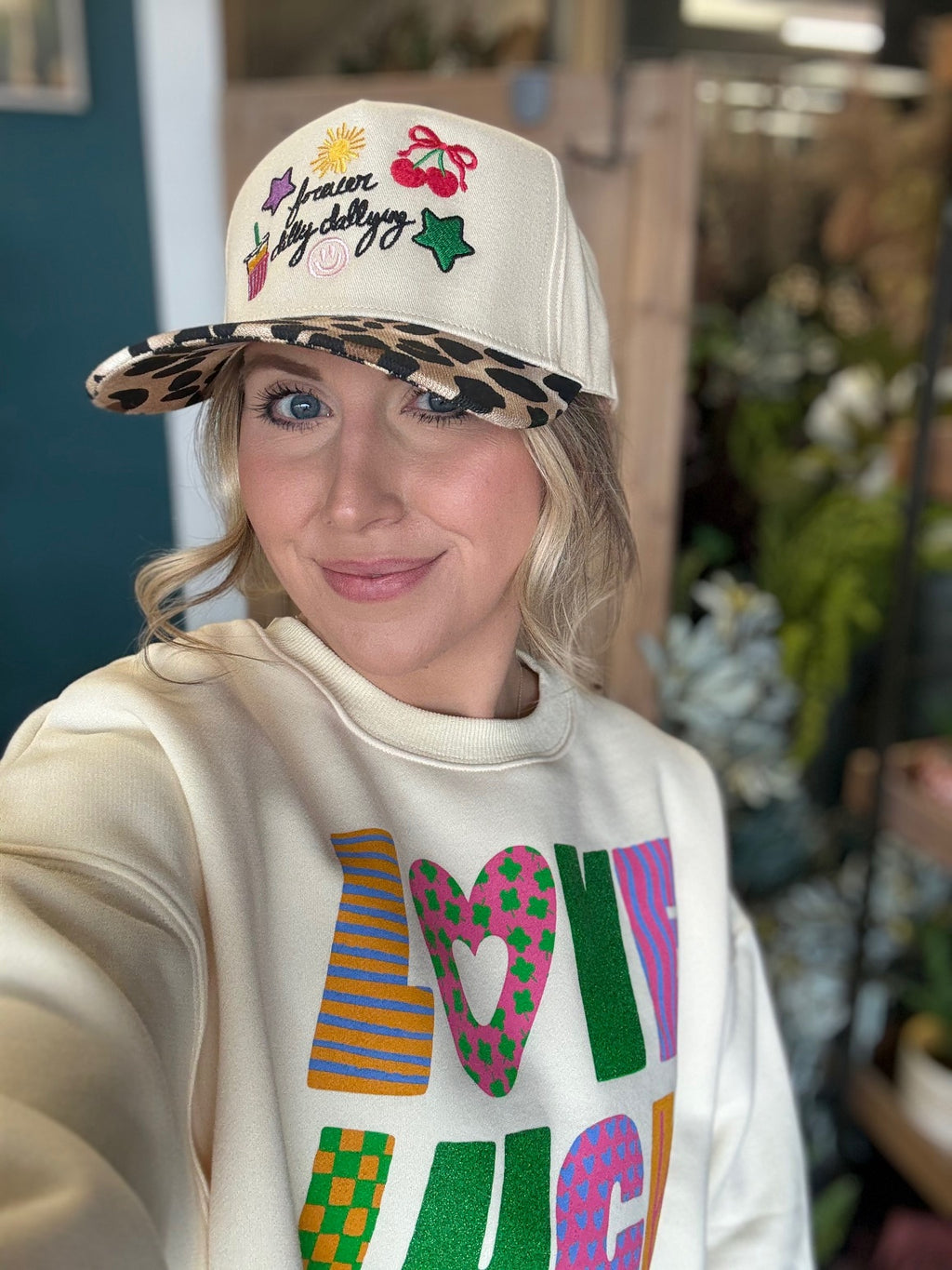 embroidered forever dilly dallying hat with leopard print brim boutique cap